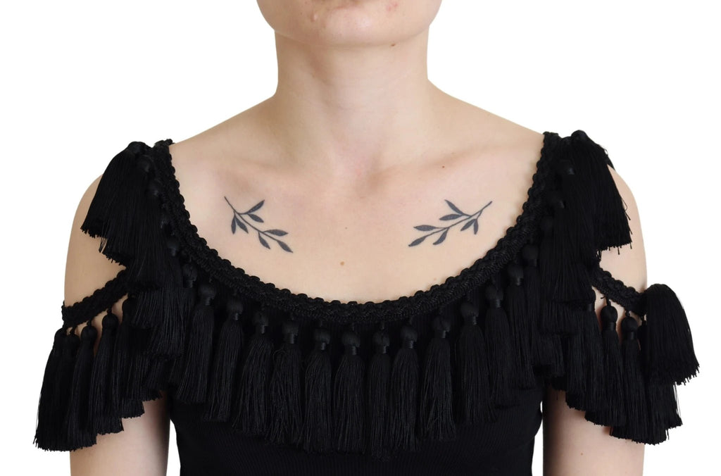 Dolce & Gabbana Black Tank Top Blouse Tassle Cotton Blouse by Dolce & Gabbana