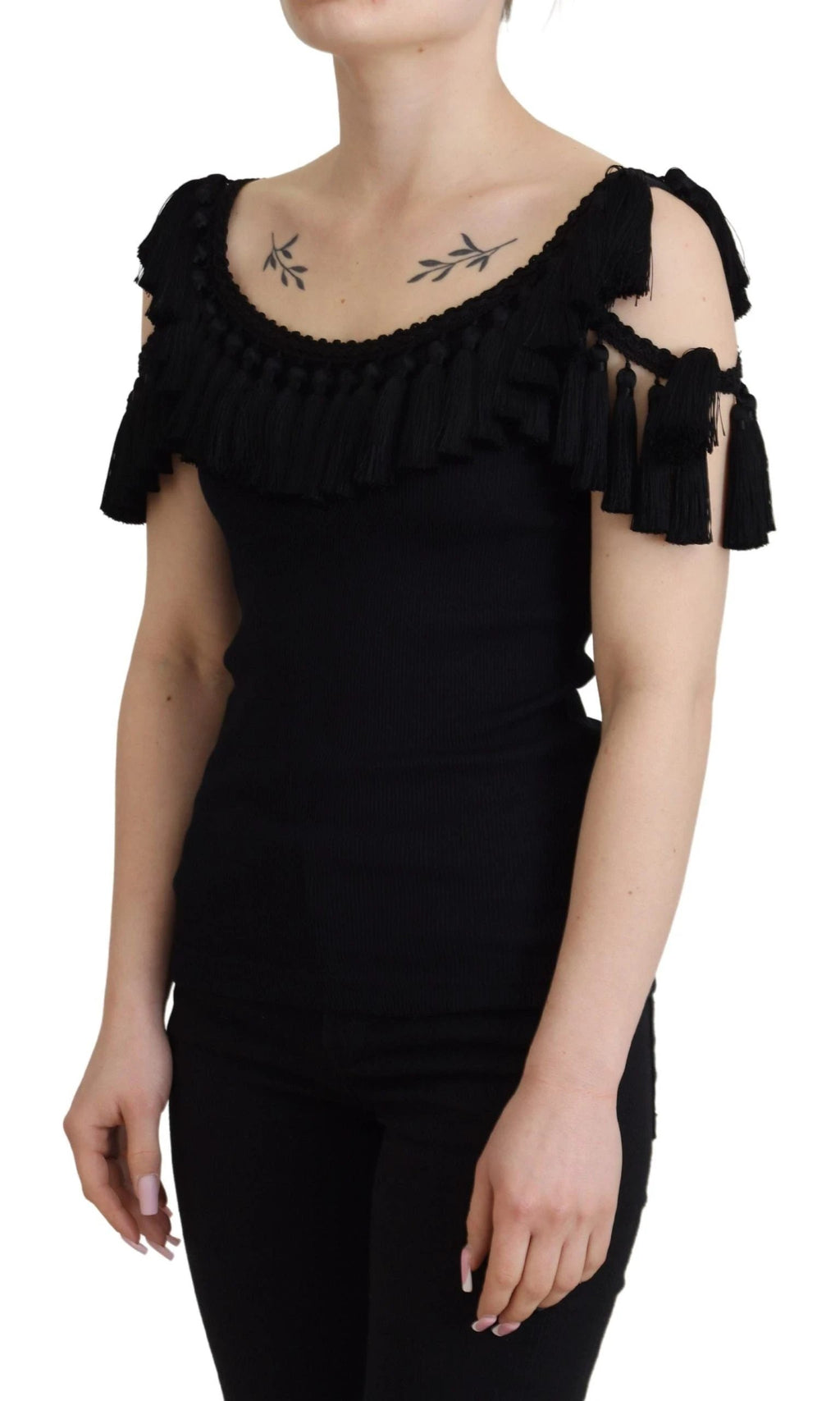 Dolce & Gabbana Black Tank Top Blouse Tassle Cotton Blouse by Dolce & Gabbana