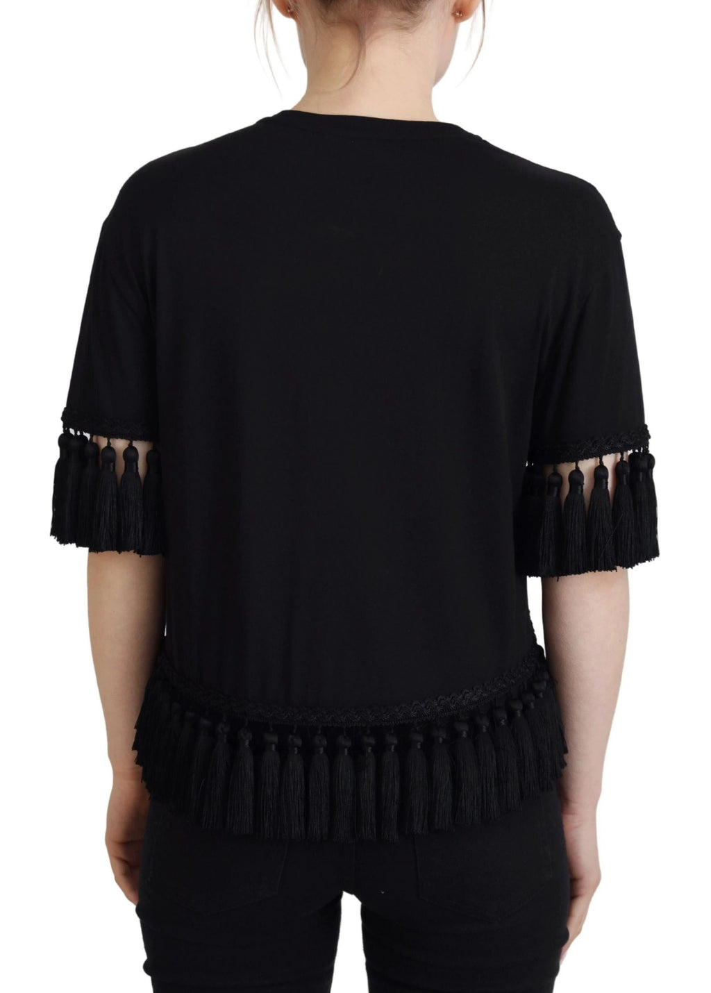 Dolce & Gabbana Black T-shirt Blouse Tassle Cotton Blouse by Dolce & Gabbana
