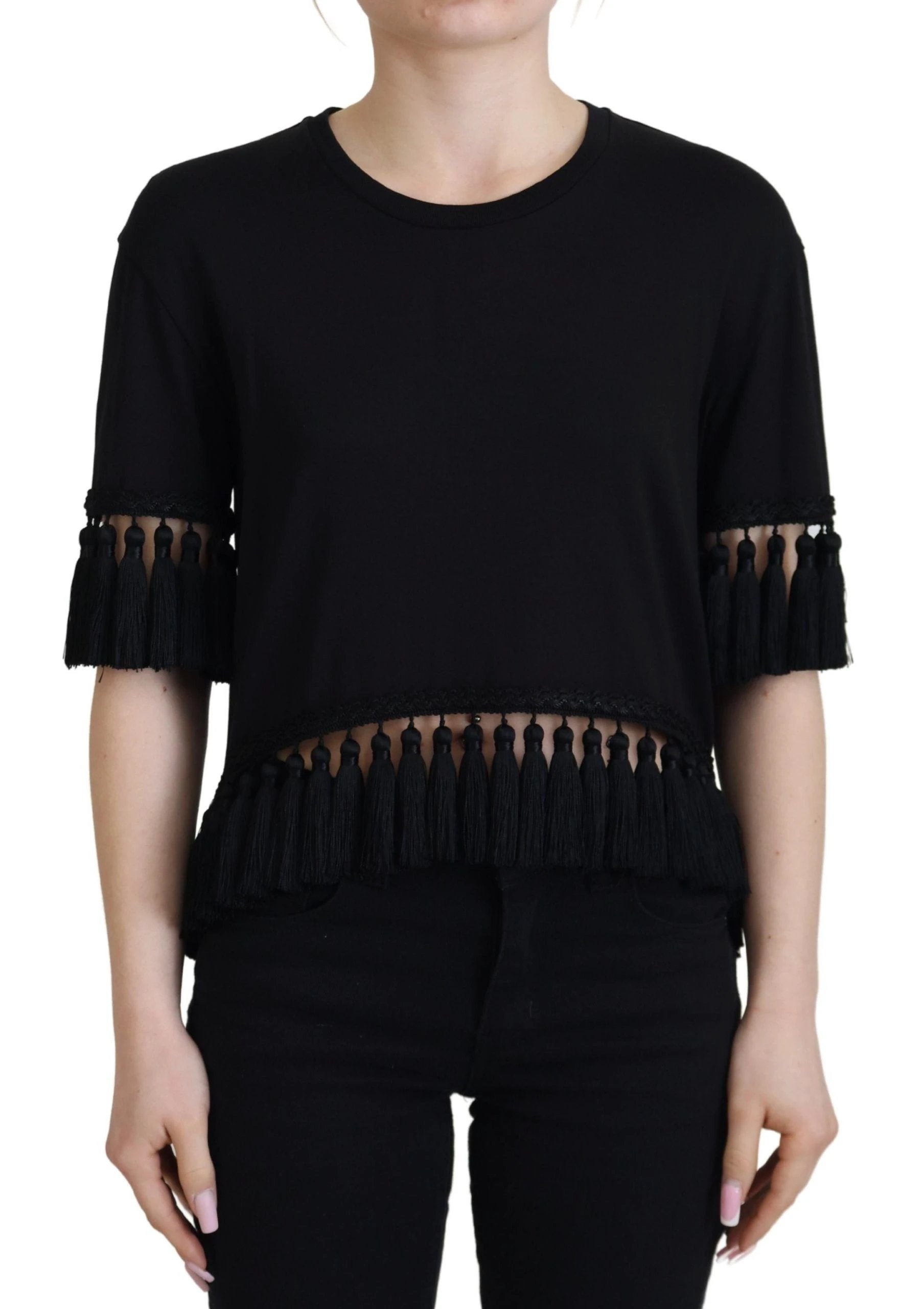 Dolce & Gabbana Black T-shirt Blouse Tassle Cotton Blouse by Dolce & Gabbana