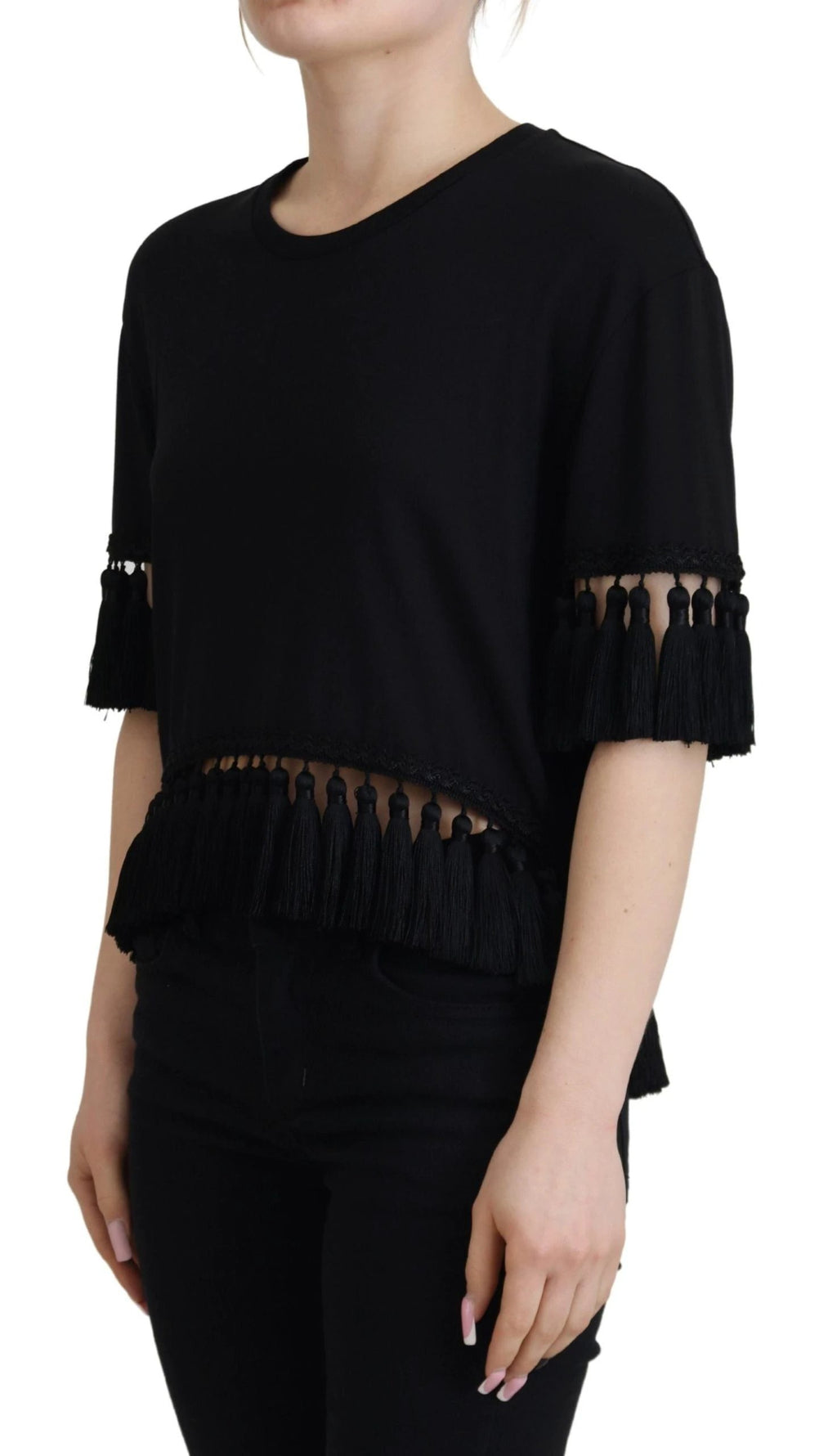 Dolce & Gabbana Black T-shirt Blouse Tassle Cotton Blouse by Dolce & Gabbana