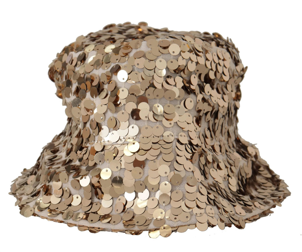 Dolce & Gabbana Gold Silk Sequin Embellished Designer Brim Bucket Hat by Dolce & Gabbana