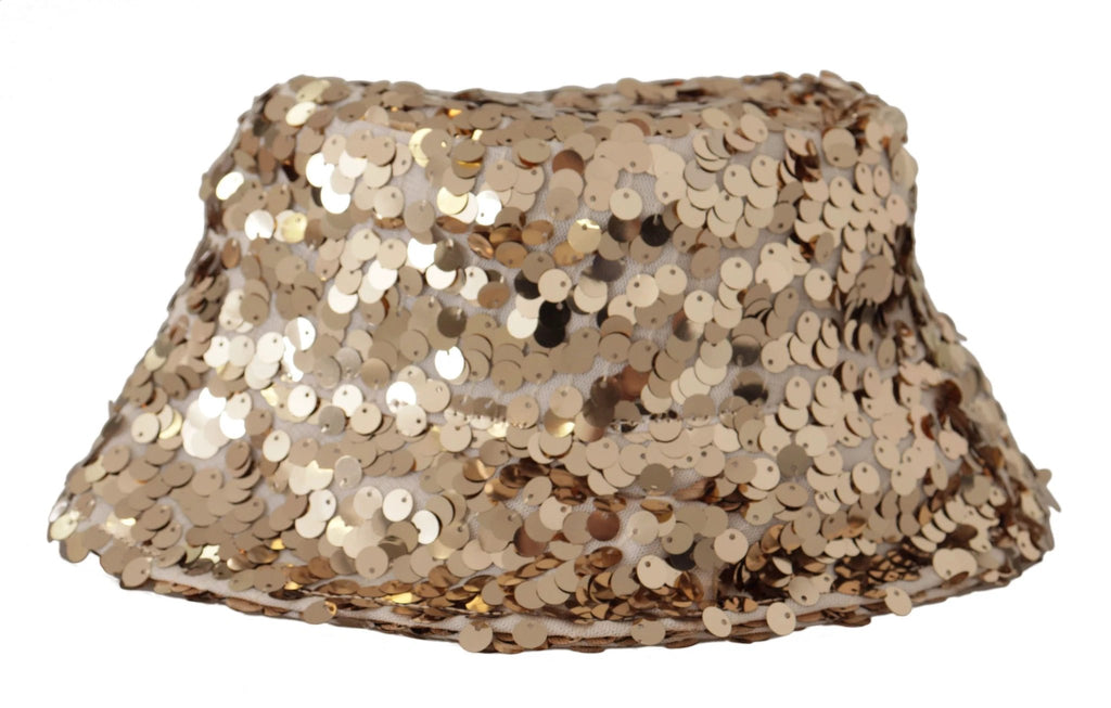 Dolce & Gabbana Gold Silk Sequin Embellished Designer Brim Bucket Hat by Dolce & Gabbana