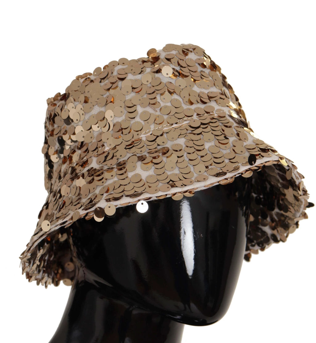 Dolce & Gabbana Gold Silk Sequin Embellished Designer Brim Bucket Hat by Dolce & Gabbana