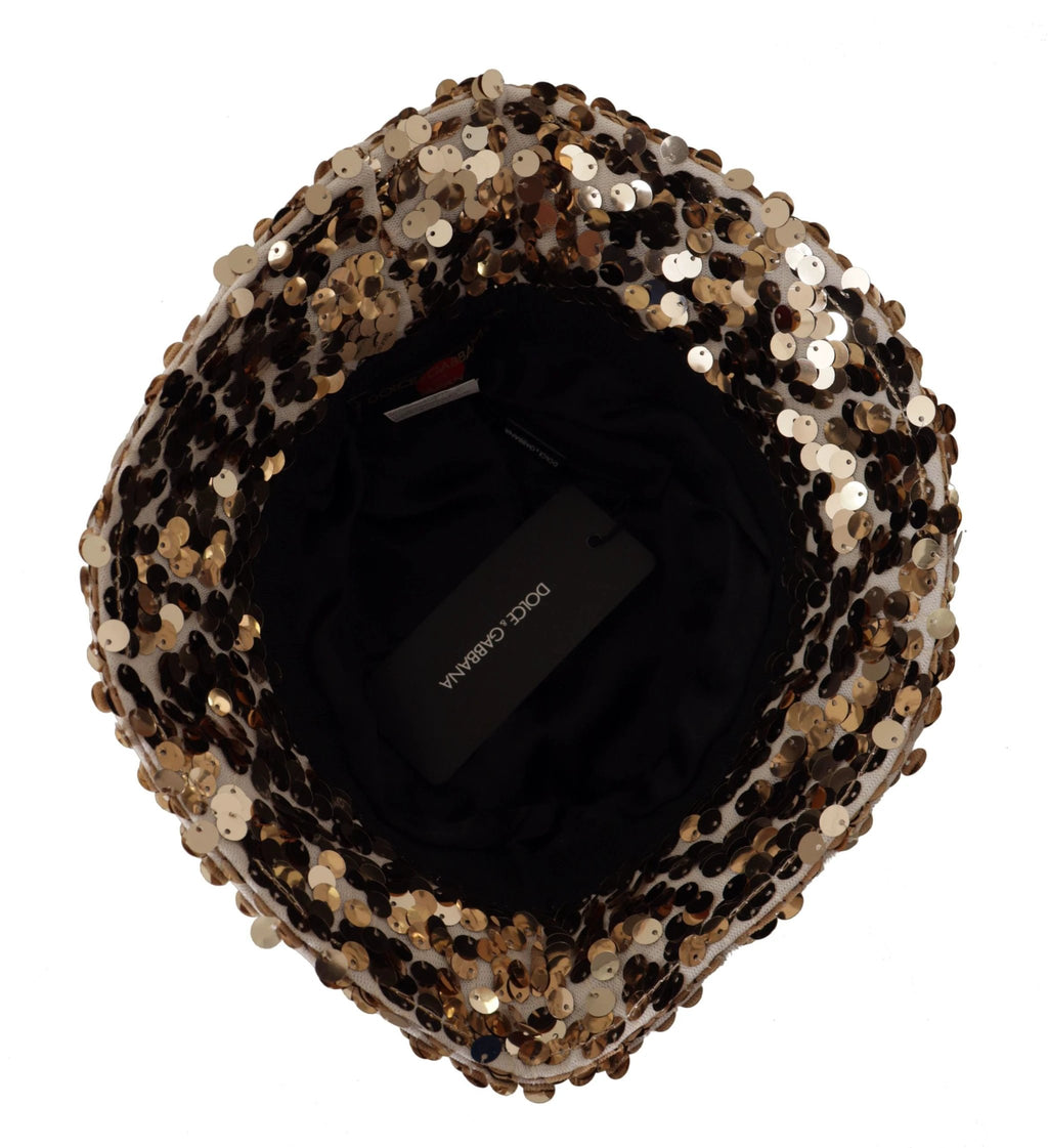 Dolce & Gabbana Gold Silk Sequin Embellished Designer Brim Bucket Hat by Dolce & Gabbana