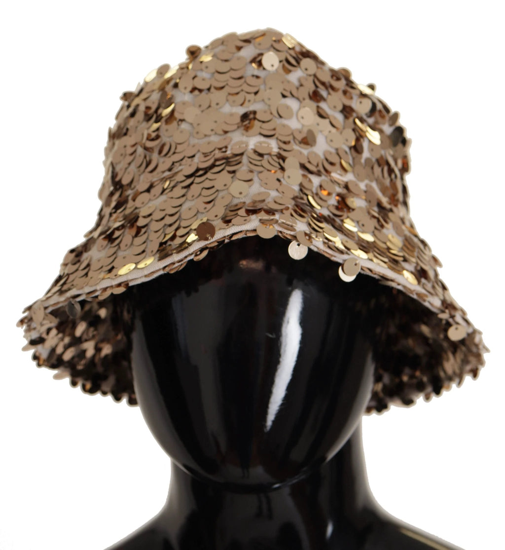 Dolce & Gabbana Gold Silk Sequin Embellished Designer Brim Bucket Hat by Dolce & Gabbana