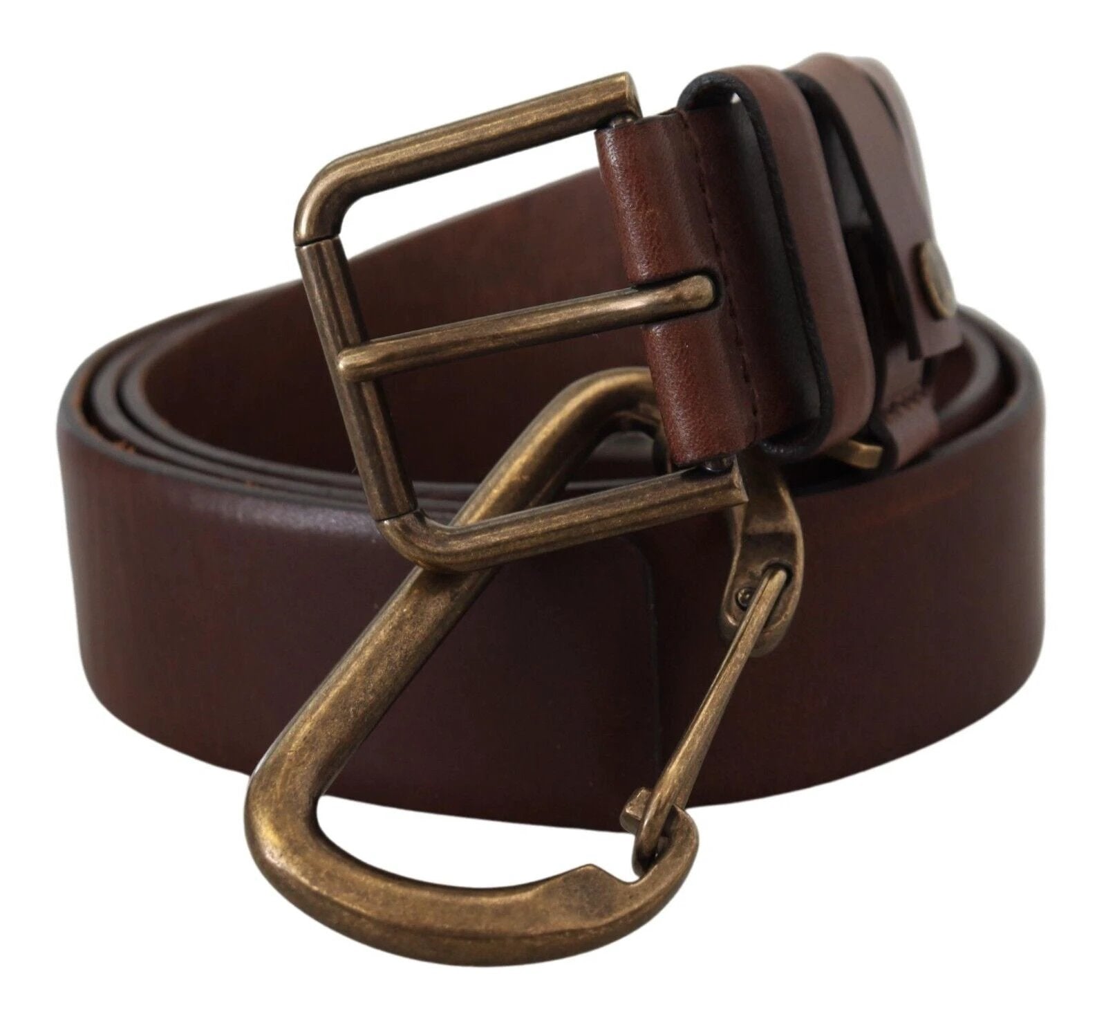 Dolce & Gabbana Brown Leather Gold Metal Buckle Carabiner Belt by Dolce & Gabbana