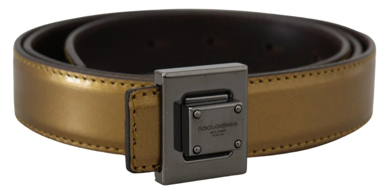 Dolce & Gabbana Gold Leather Silver Square Metal Buckle Belt by Dolce & Gabbana