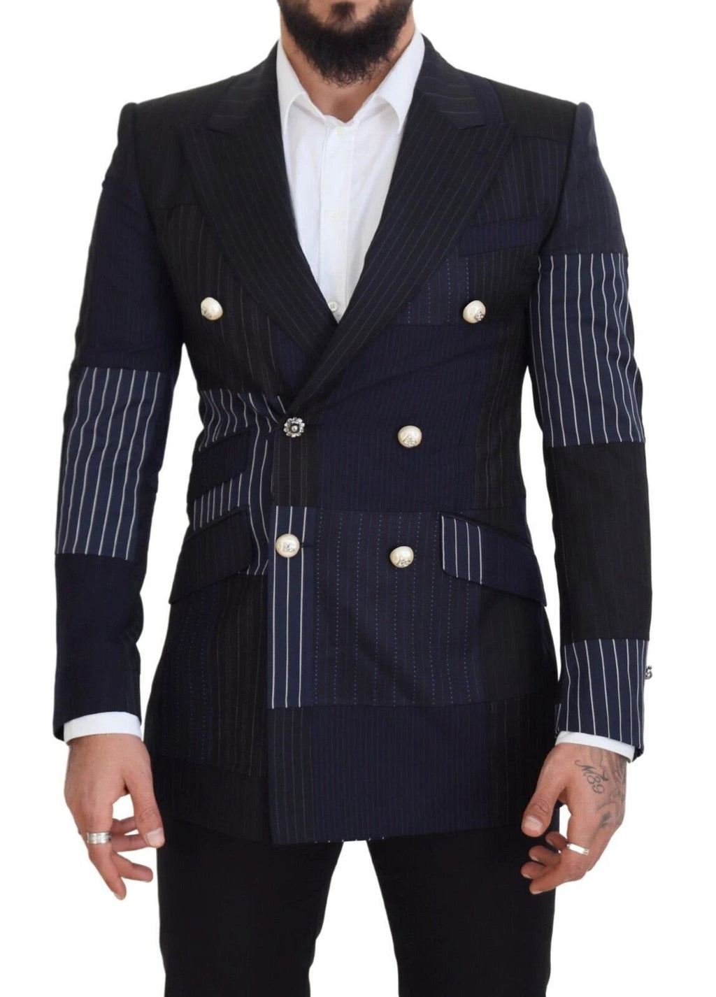 Dolce & Gabbana Blue Wool Patchwork Double Breasted Blazer by Dolce & Gabbana