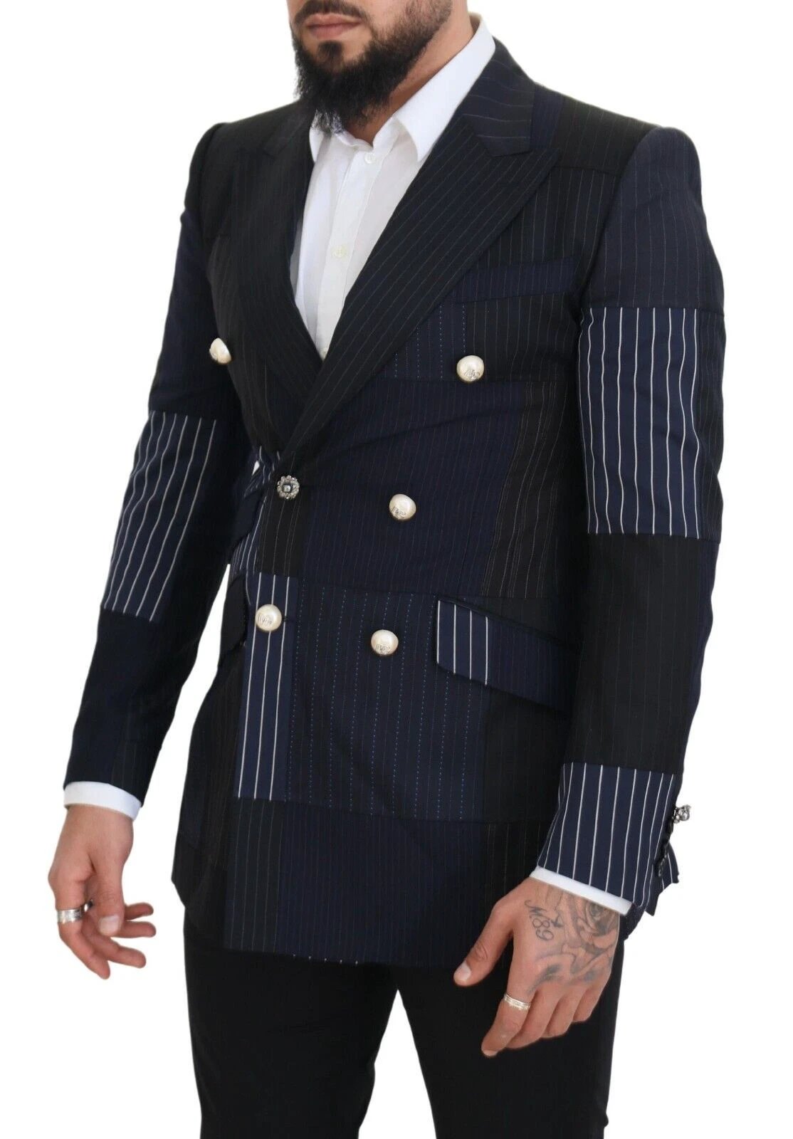 Dolce & Gabbana Blue Wool Patchwork Double Breasted Blazer by Dolce & Gabbana