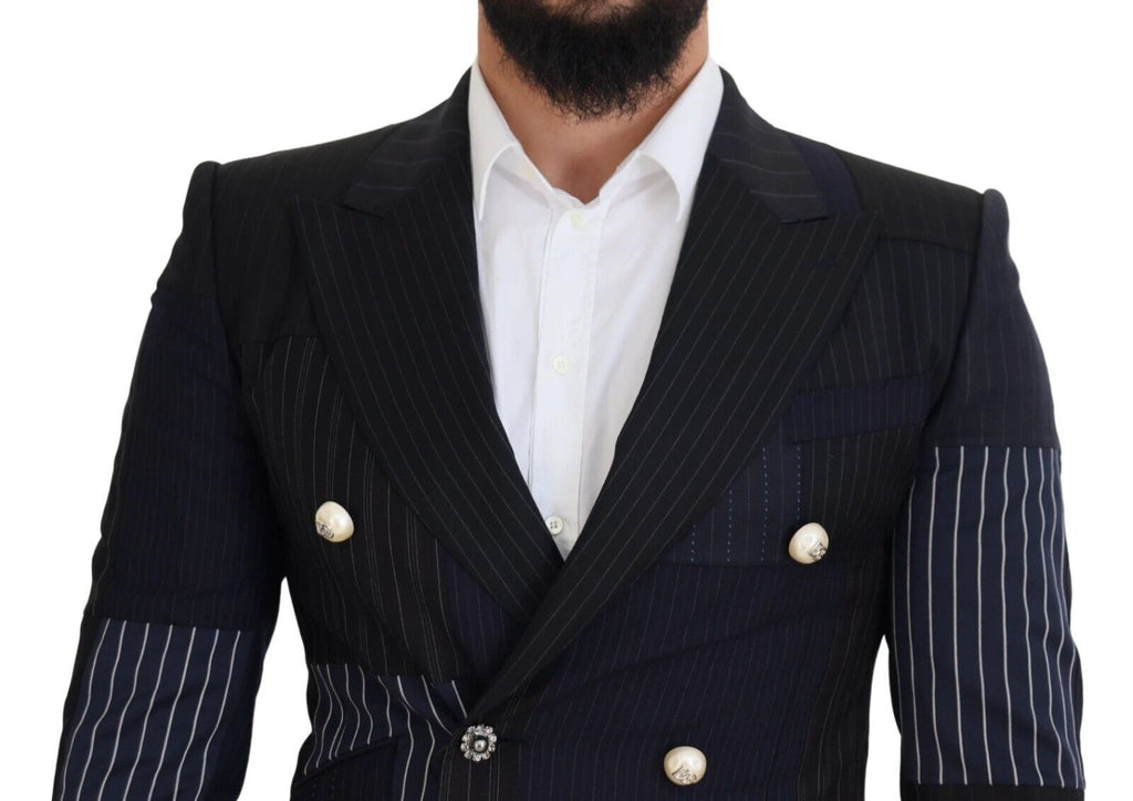 Dolce & Gabbana Blue Wool Patchwork Double Breasted Blazer by Dolce & Gabbana