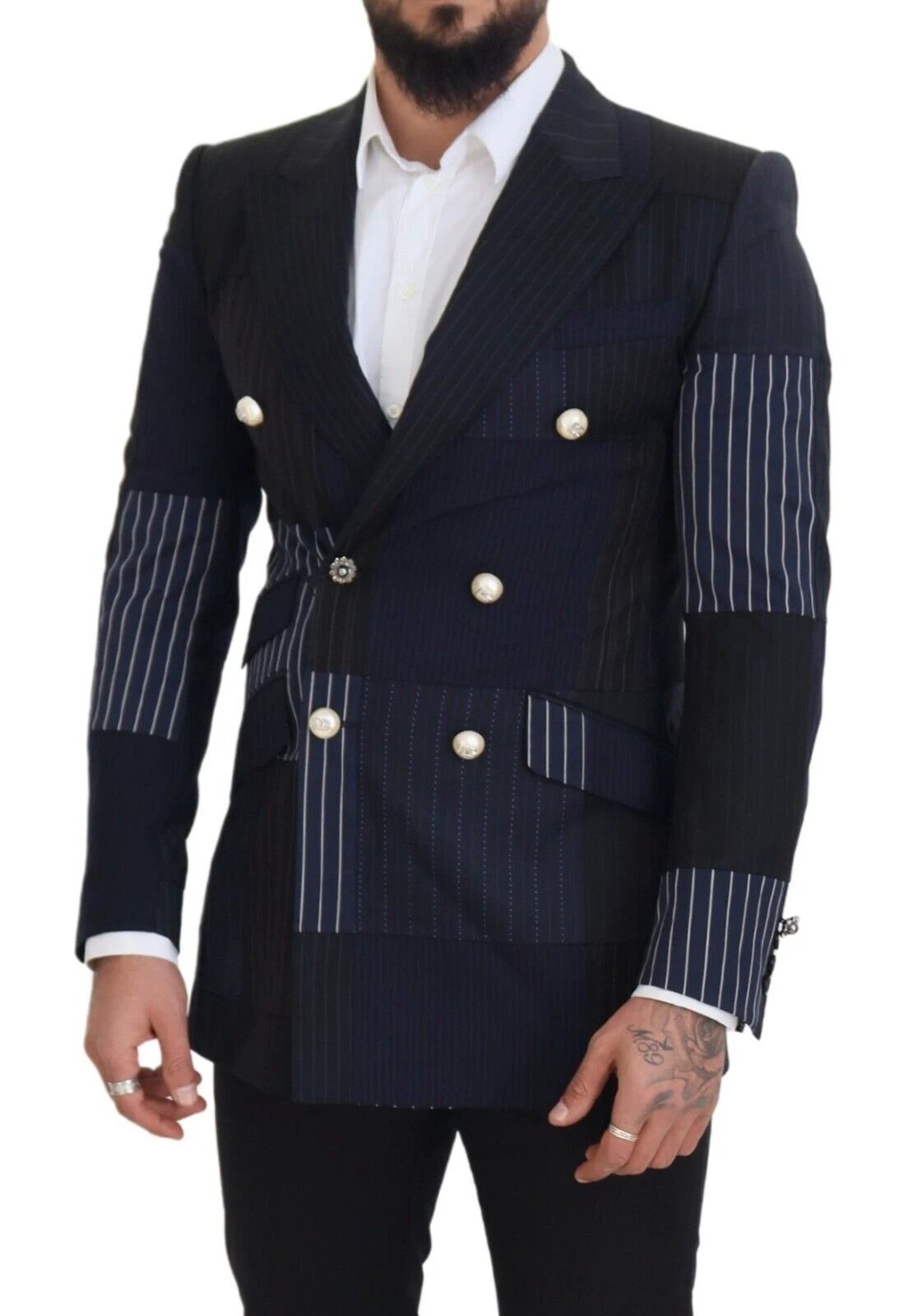 Dolce & Gabbana Blue Wool Patchwork Double Breasted Blazer by Dolce & Gabbana