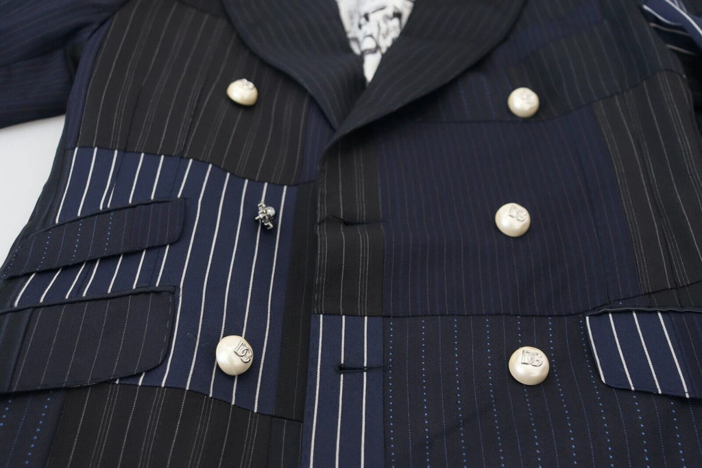 Dolce & Gabbana Blue Wool Patchwork Double Breasted Blazer by Dolce & Gabbana