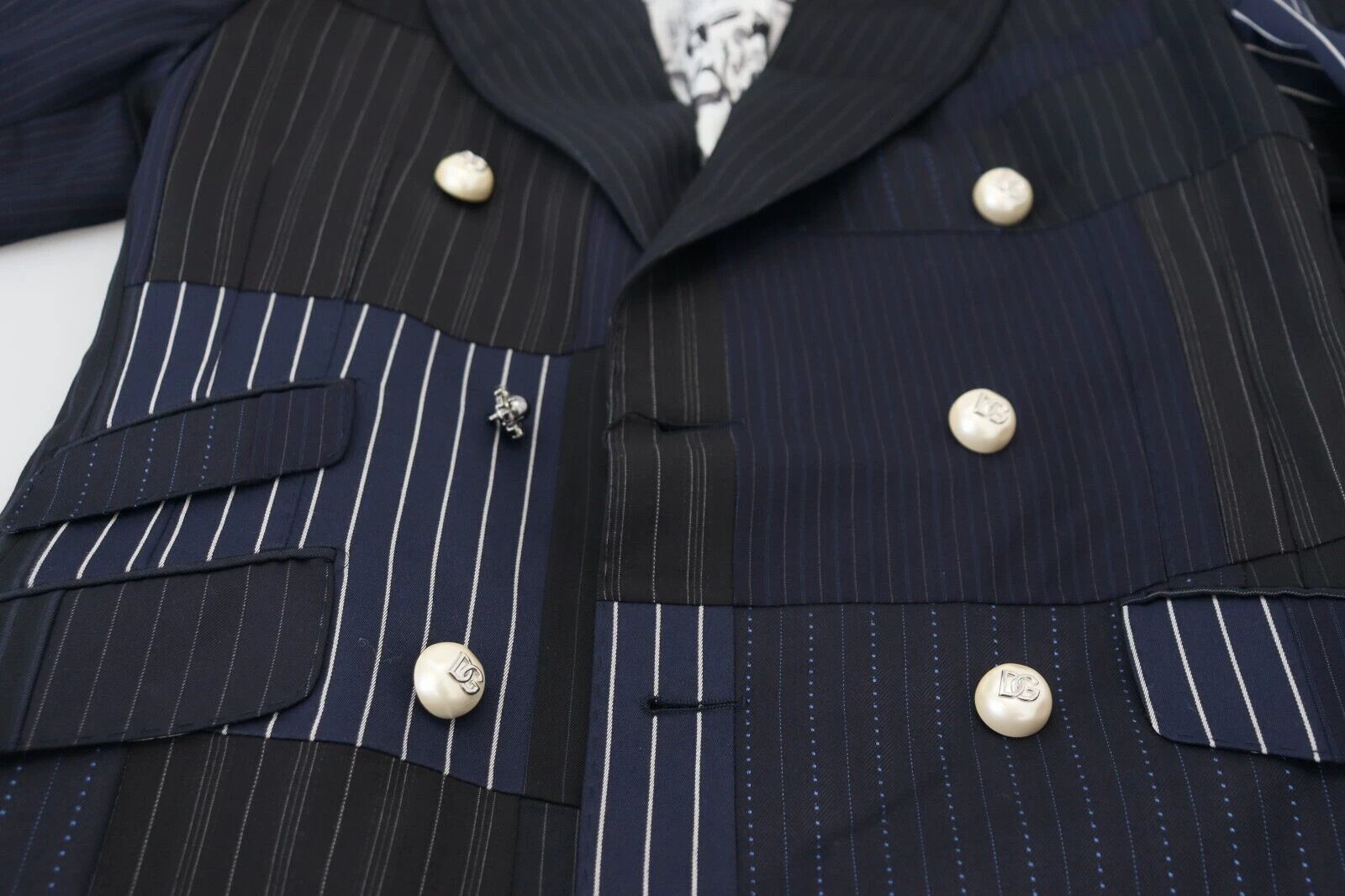 Dolce & Gabbana Blue Wool Patchwork Double Breasted Blazer by Dolce & Gabbana