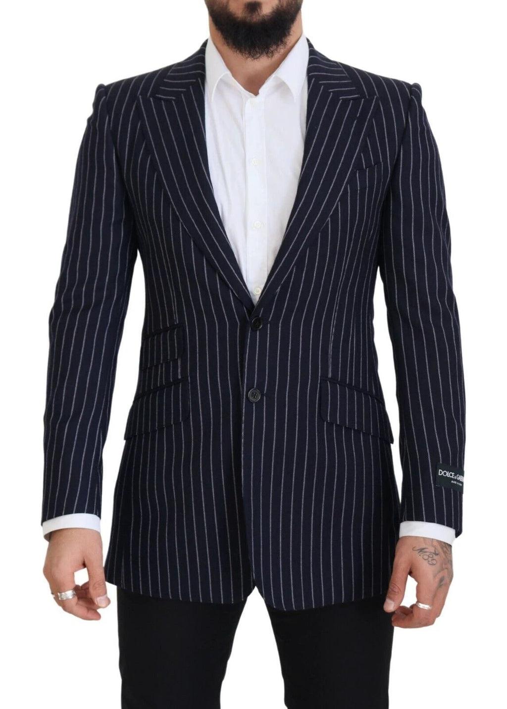 Dolce & Gabbana Dark Blue Stripe Wool Single Breasted Blazer by Dolce & Gabbana