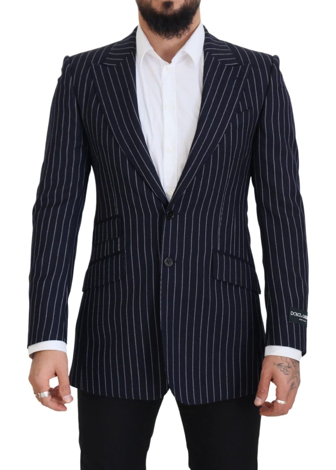 Dolce & Gabbana Dark Blue Stripe Wool Single Breasted Blazer by Dolce & Gabbana