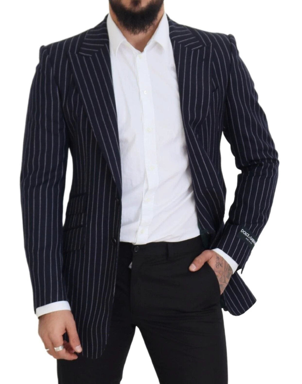 Dolce & Gabbana Dark Blue Stripe Wool Single Breasted Blazer by Dolce & Gabbana