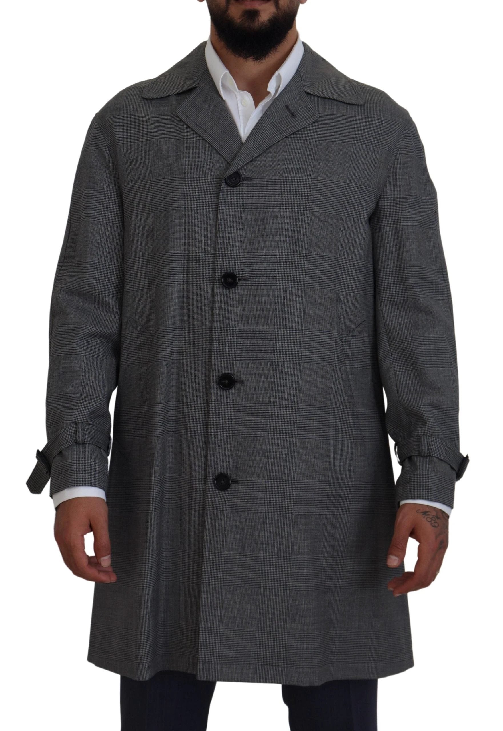 Dolce & Gabbana Gray Wool Plaid Long Trench Coat Jacket Trench Coat Jacket by Dolce & Gabbana