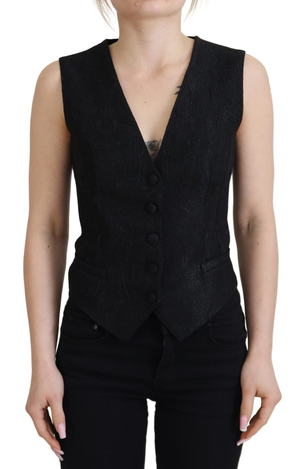 Dolce & Gabbana Black Brocade Button Down Sleeveless Vest Top by Dolce & Gabbana