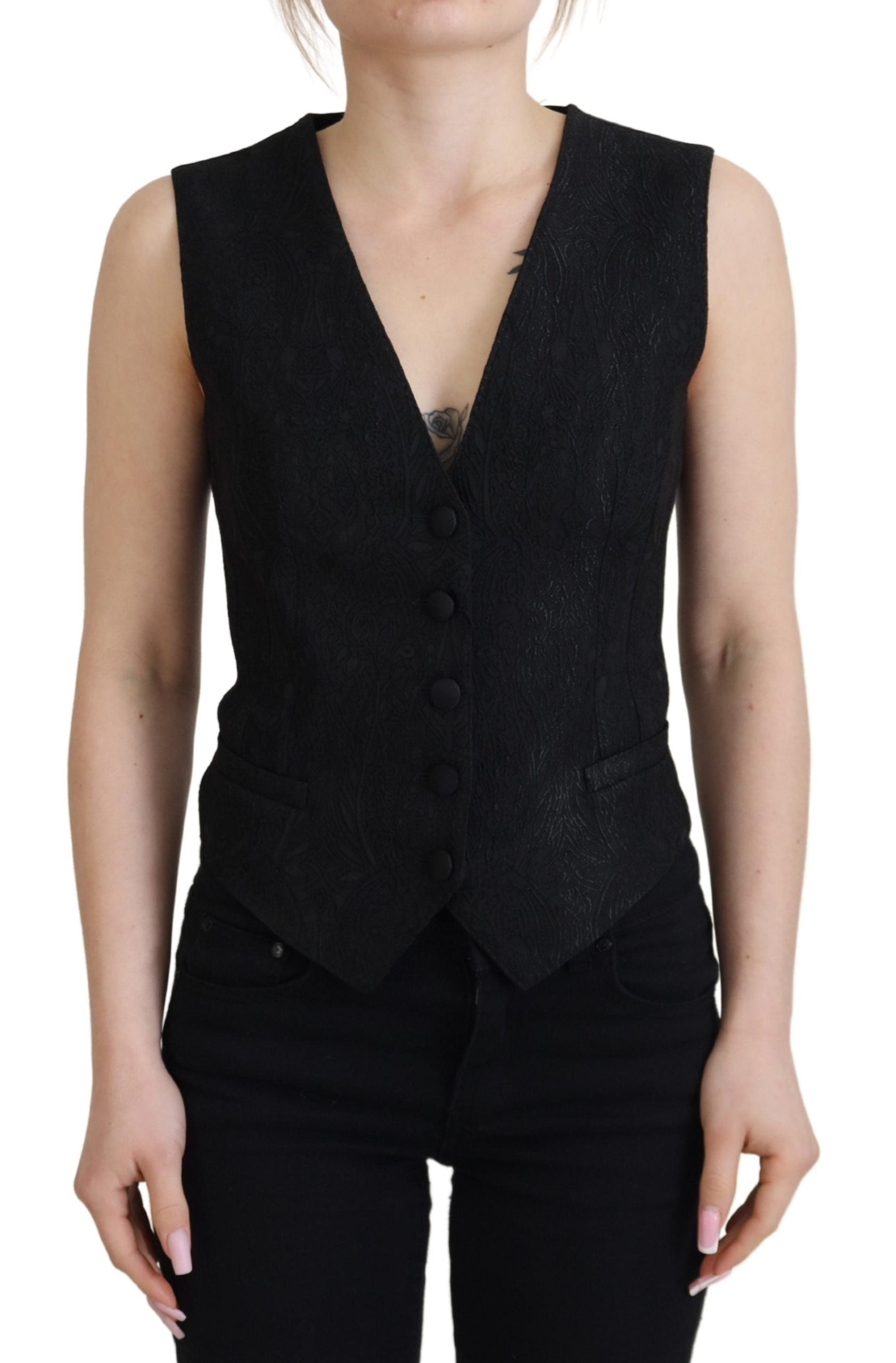 Dolce & Gabbana Black Brocade Button Down Sleeveless Vest Top by Dolce & Gabbana