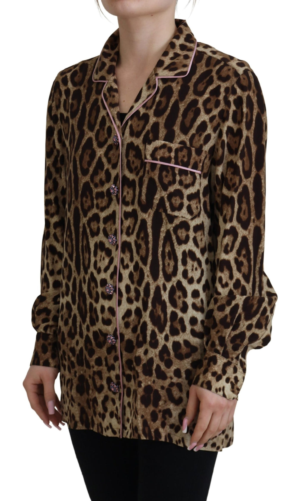Dolce & Gabbana Brown Leopard Print Long Sleeves Blouse Top by Dolce & Gabbana