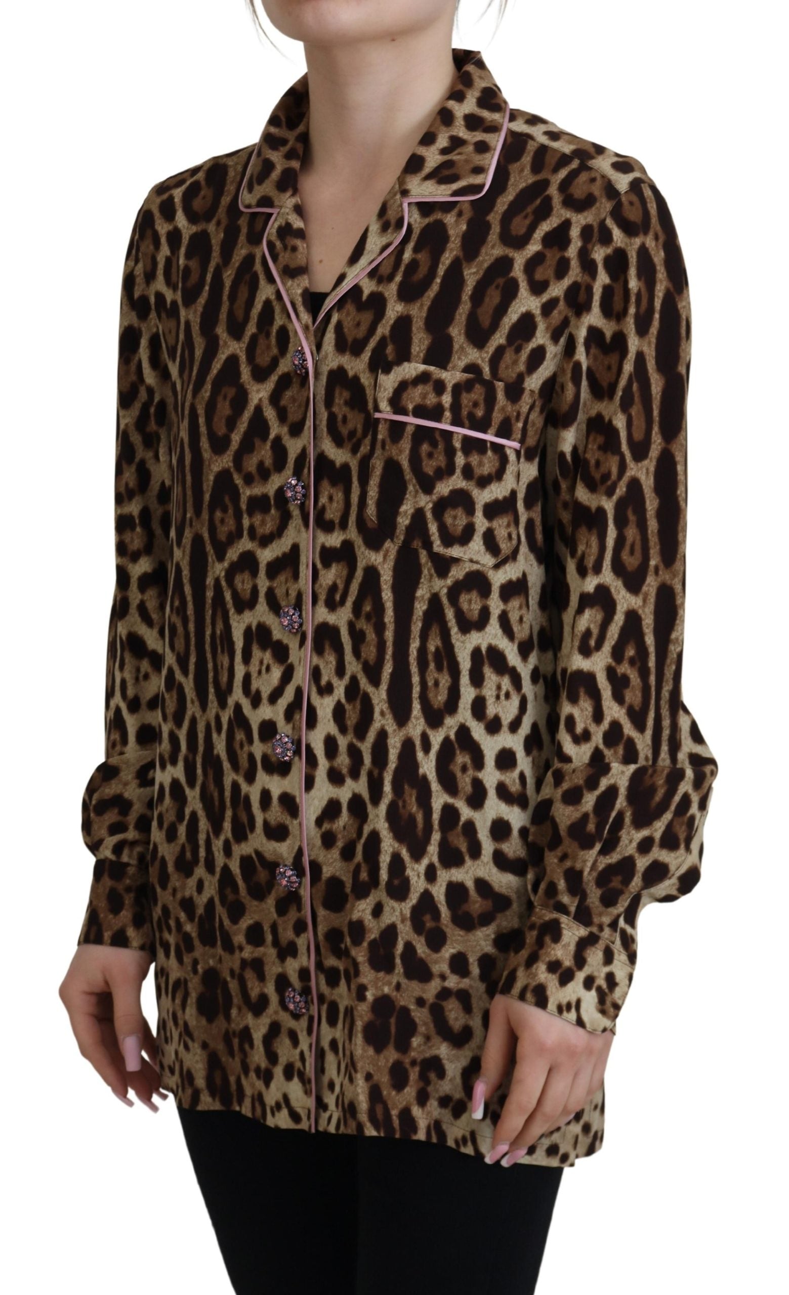 Dolce & Gabbana Brown Leopard Print Long Sleeves Blouse Top by Dolce & Gabbana