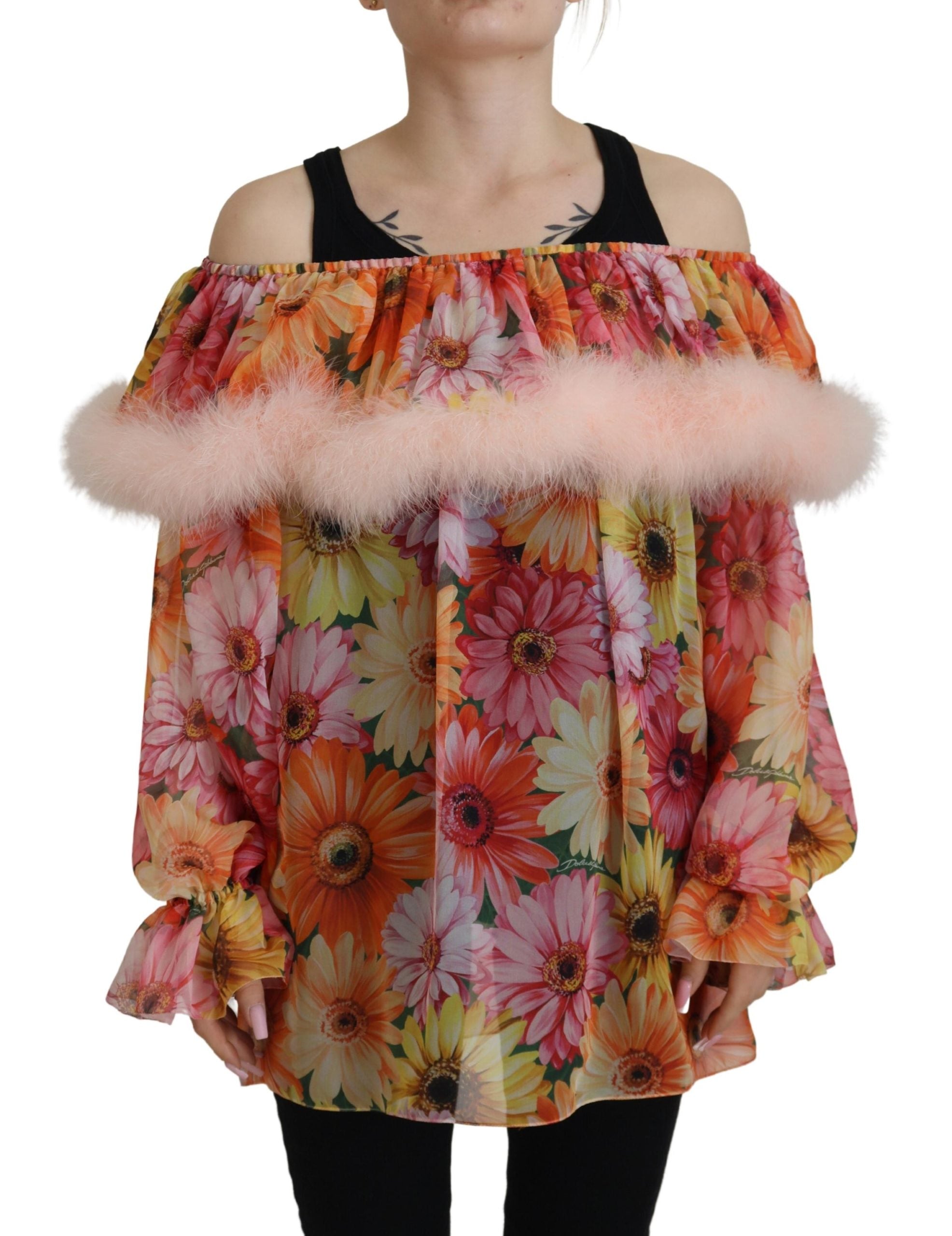 Dolce & Gabbana Multicolor Floral Fur Shearling Blouse Top by Dolce & Gabbana