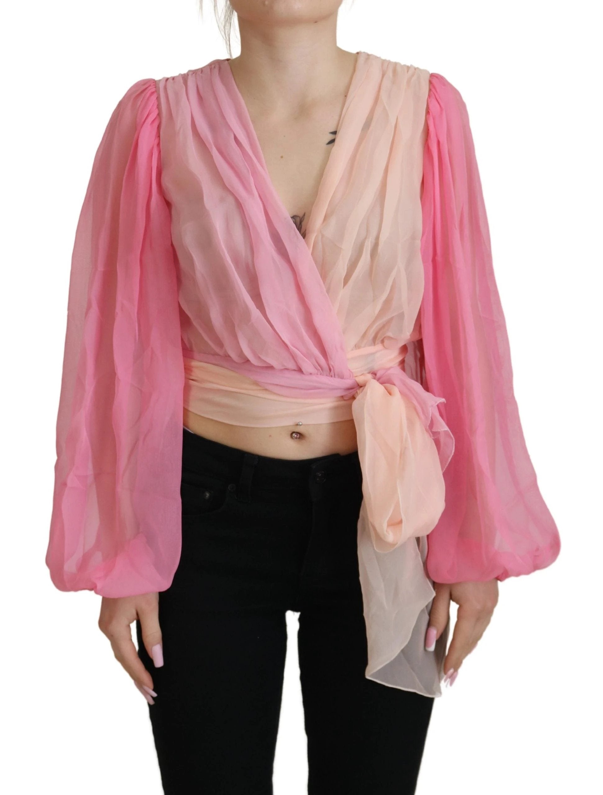 Dolce & Gabbana Pink Silk Wrap Long Sleeves Blouse Top by Dolce & Gabbana