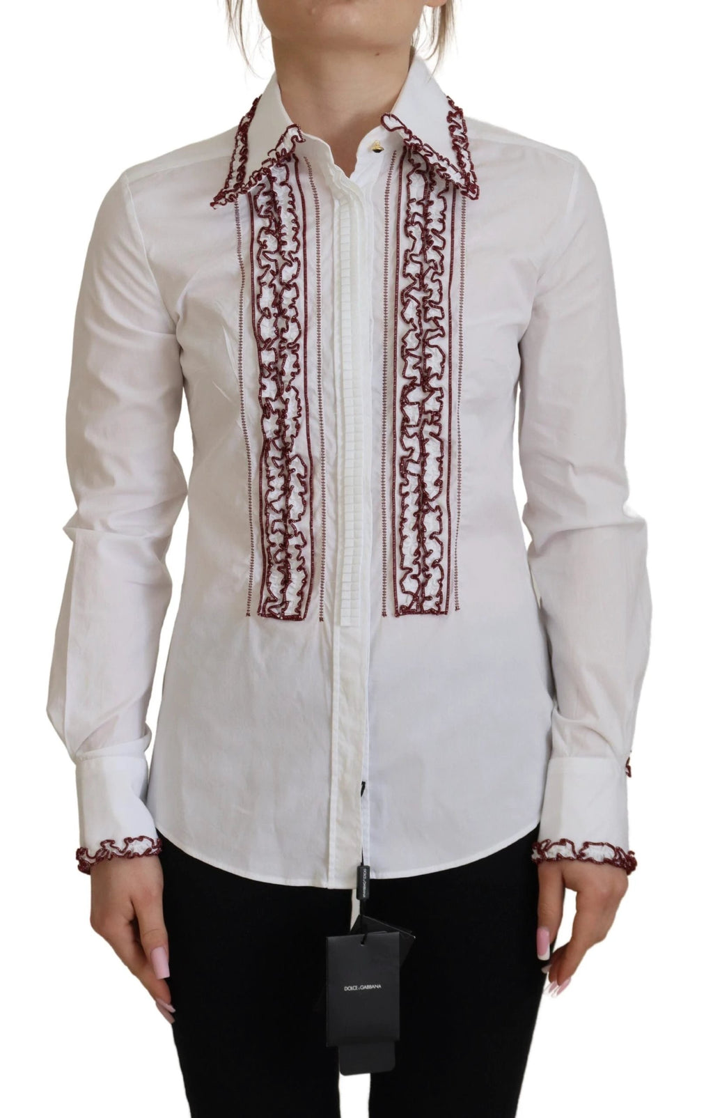 Dolce & Gabbana White Lace Long Sleeves Ruffle Collar Top by Dolce & Gabbana