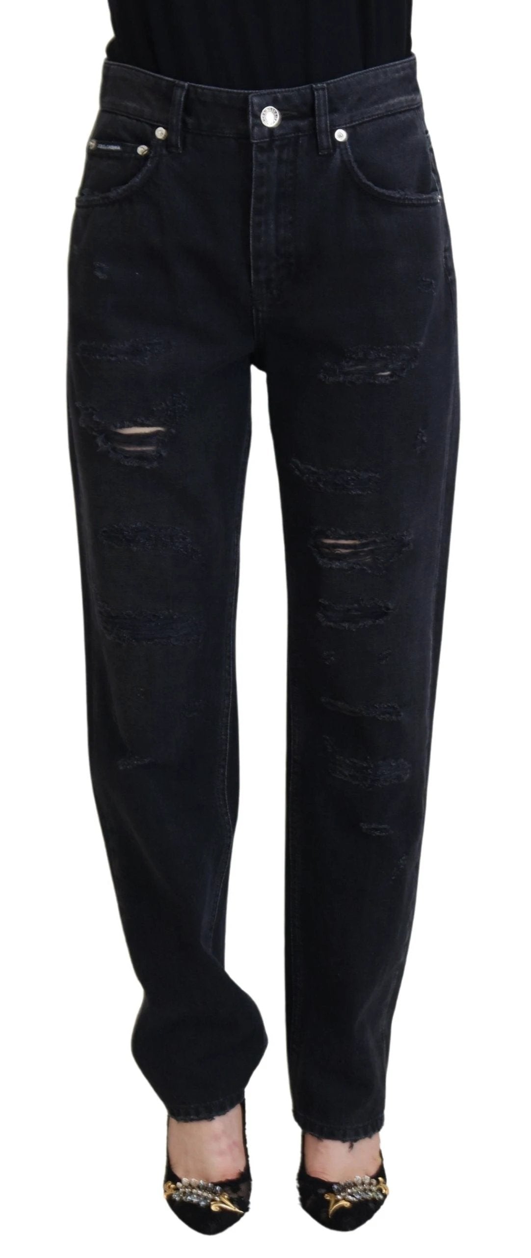 Dolce & Gabbana Black Cotton Tattered High Waist Denim Jeans by Dolce & Gabbana