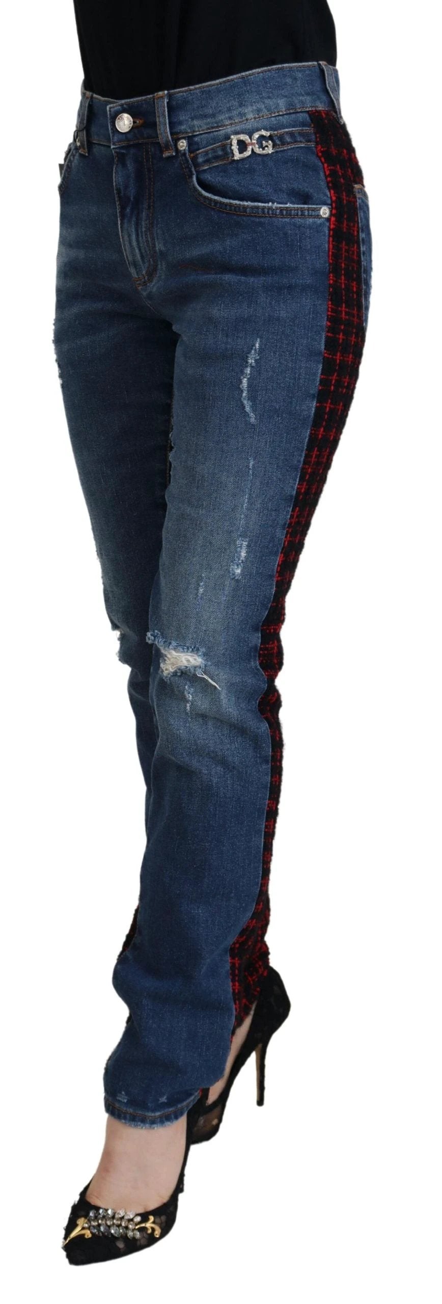 Dolce & Gabbana Blue Checkered Back Skinny Denim Jeans by Dolce & Gabbana