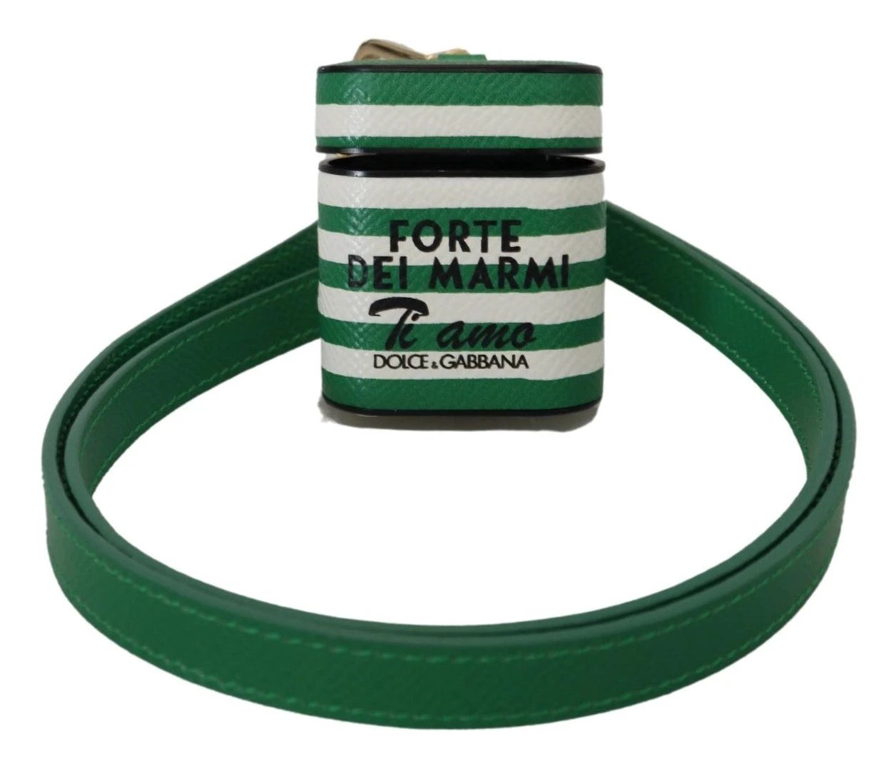Dolce & Gabbana Green Leather Strap Gold Metal Logo Airpods Case by Dolce & Gabbana