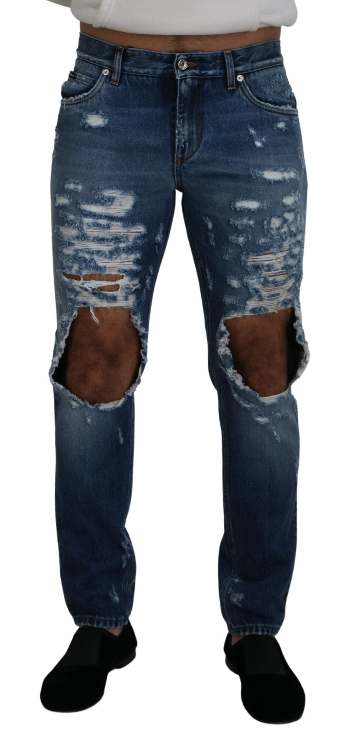 Dolce & Gabbana Blue Cotton Tattered Men Denim Jeans by Dolce & Gabbana