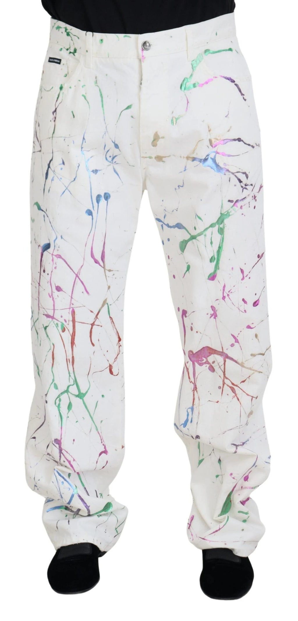 Dolce & Gabbana White Cotton Color Splash Print Denim Pants by Dolce & Gabbana