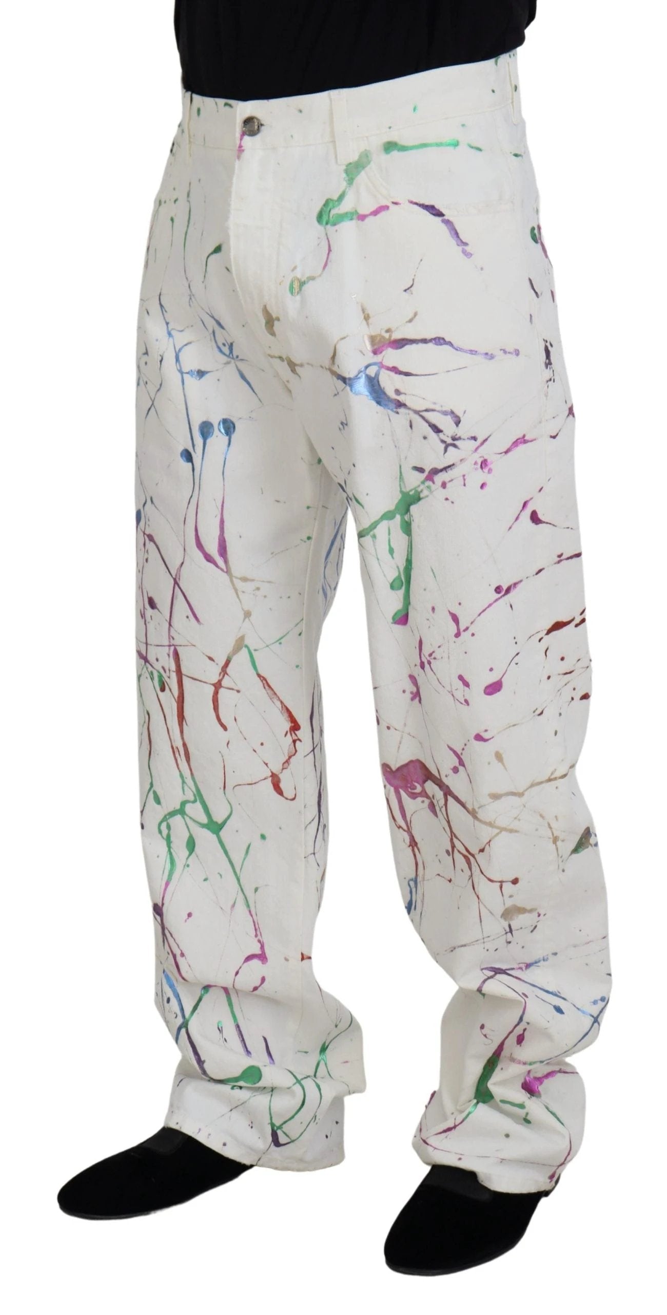 Dolce & Gabbana White Cotton Color Splash Print Denim Pants by Dolce & Gabbana
