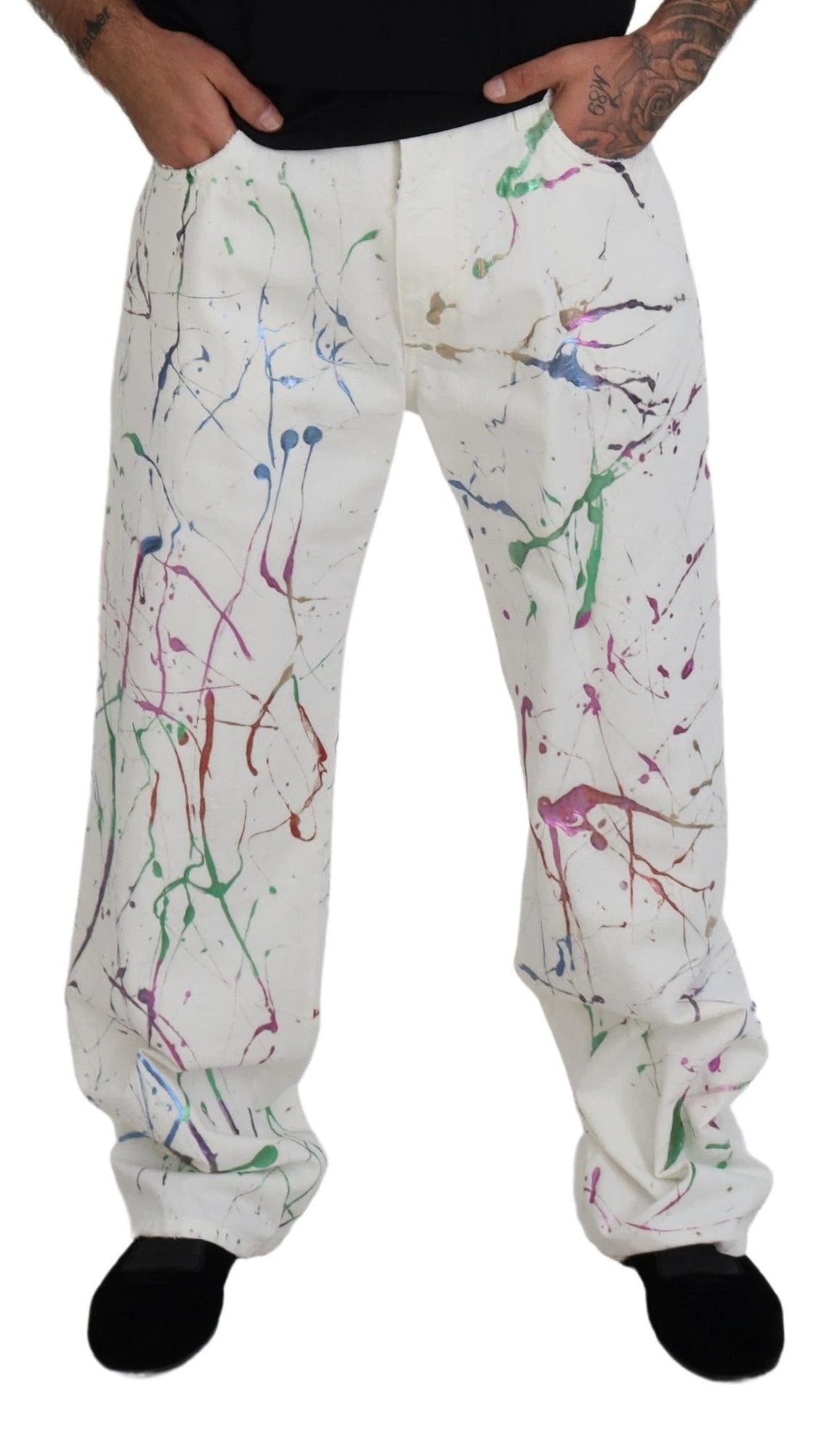 Dolce & Gabbana White Cotton Color Splash Print Denim Pants by Dolce & Gabbana