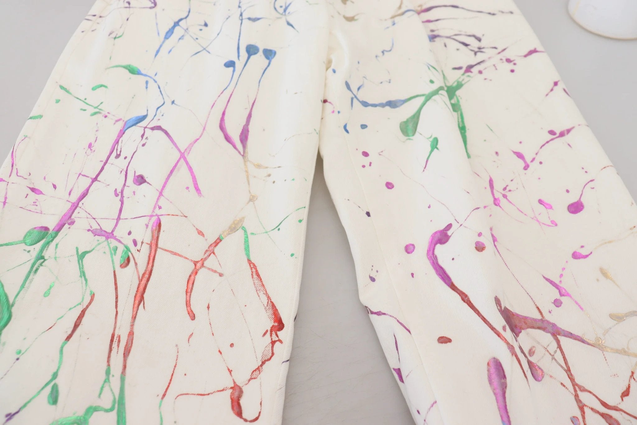 Dolce & Gabbana White Cotton Color Splash Print Denim Pants by Dolce & Gabbana
