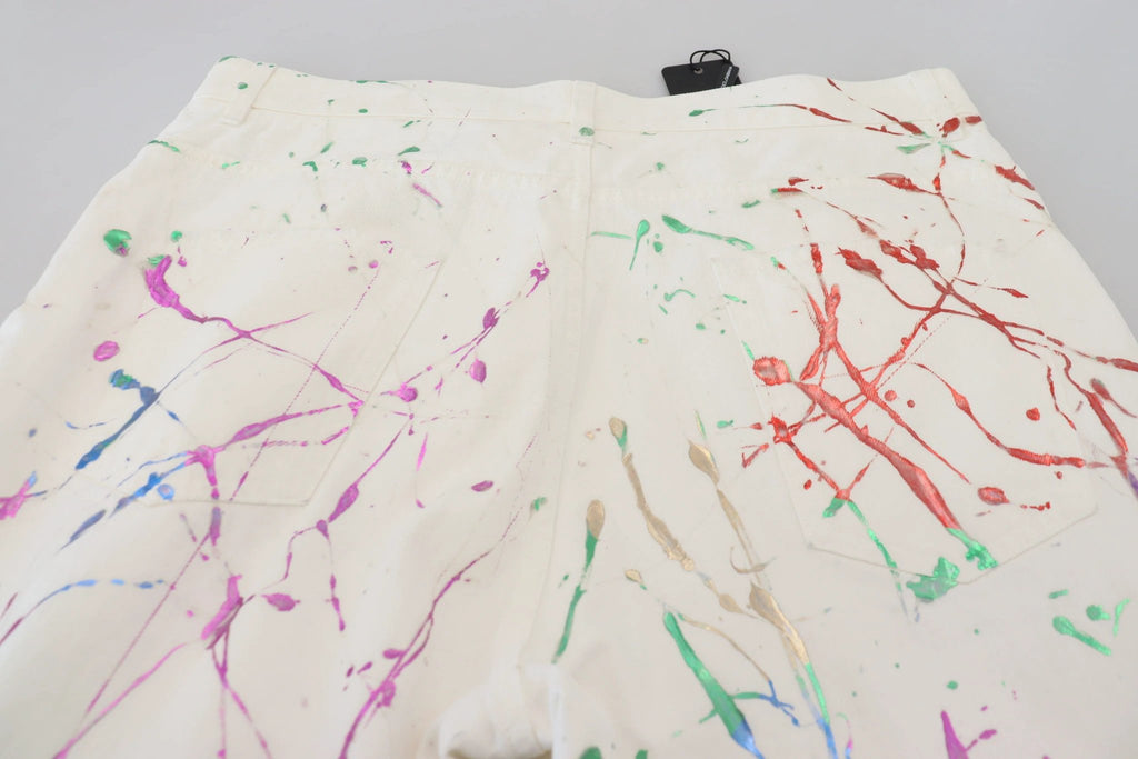 Dolce & Gabbana White Cotton Color Splash Print Denim Pants by Dolce & Gabbana
