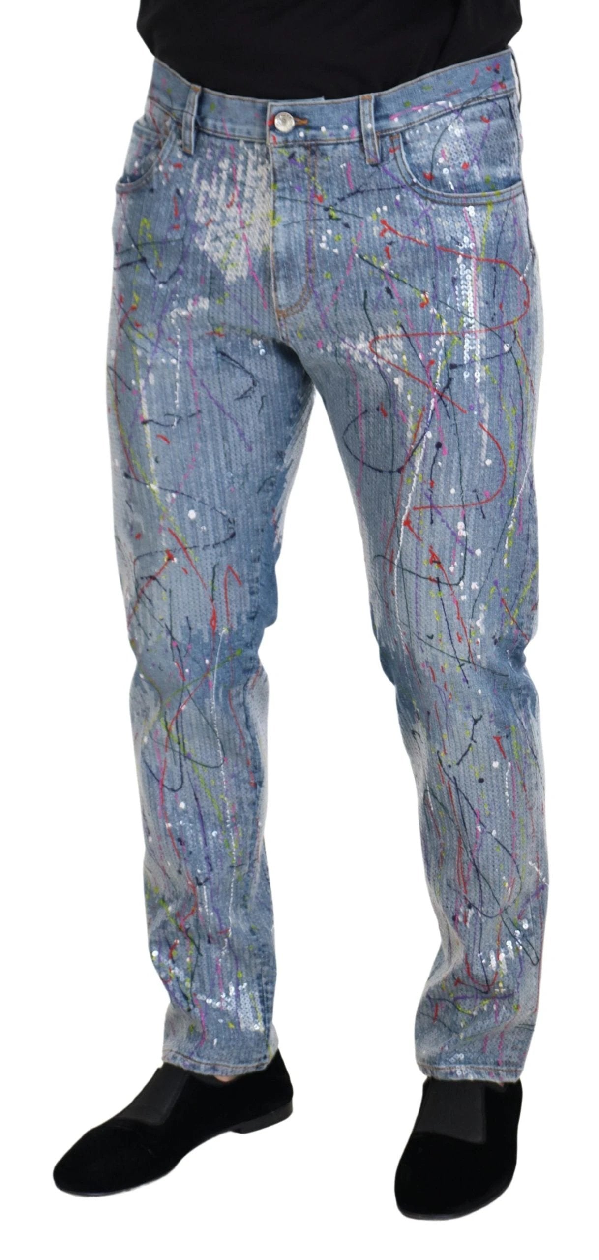 Dolce & Gabbana Blue Cotton Color Splash Print Denim Jeans by Dolce & Gabbana