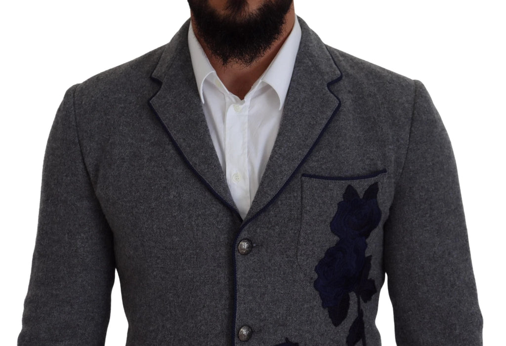 Dolce & Gabbana Gray Wool Roses Slim Fit Jacket Blazer by Dolce & Gabbana