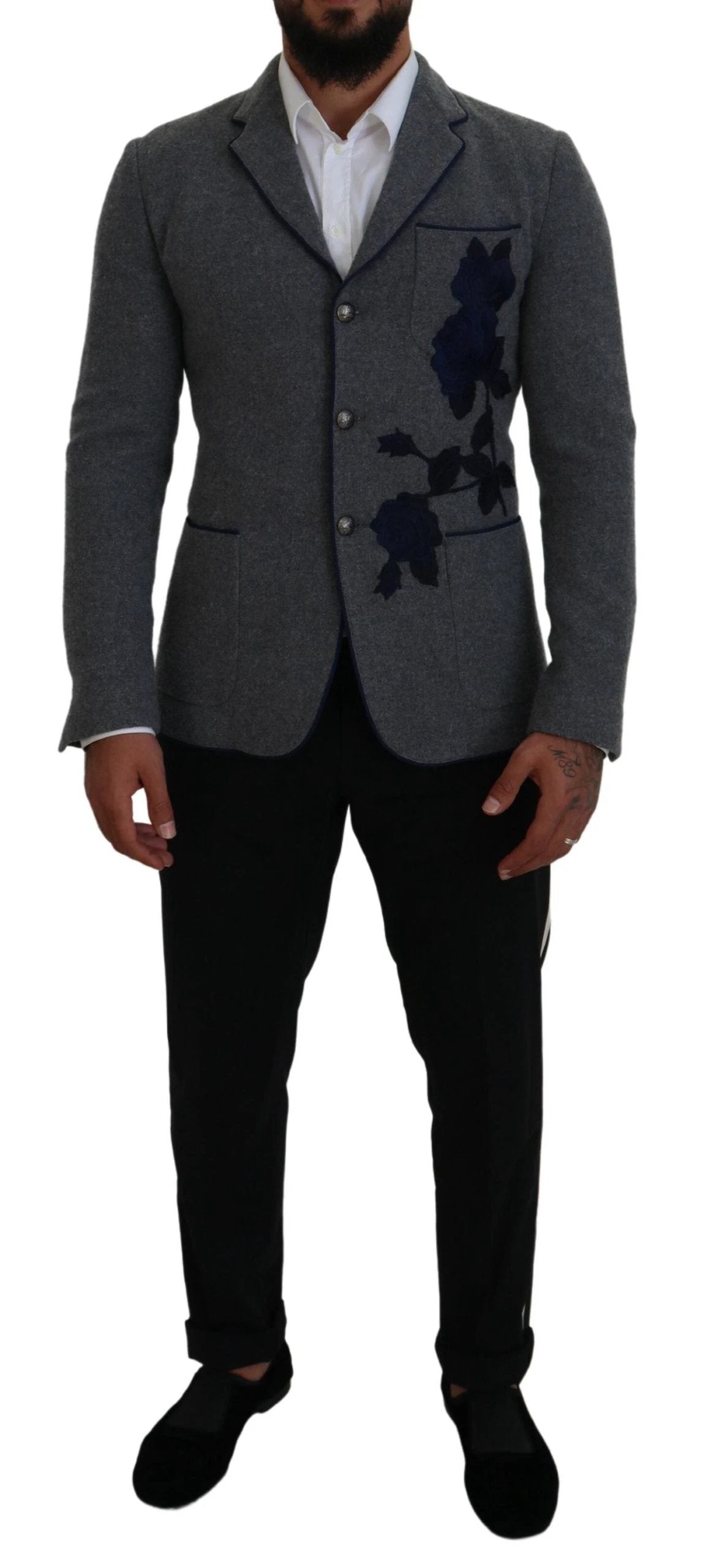 Dolce & Gabbana Gray Wool Roses Slim Fit Jacket Blazer by Dolce & Gabbana