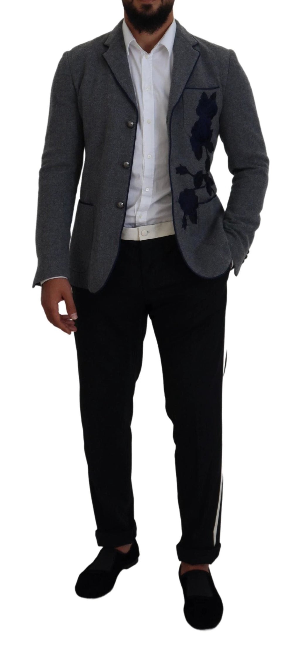 Dolce & Gabbana Gray Wool Roses Slim Fit Jacket Blazer by Dolce & Gabbana