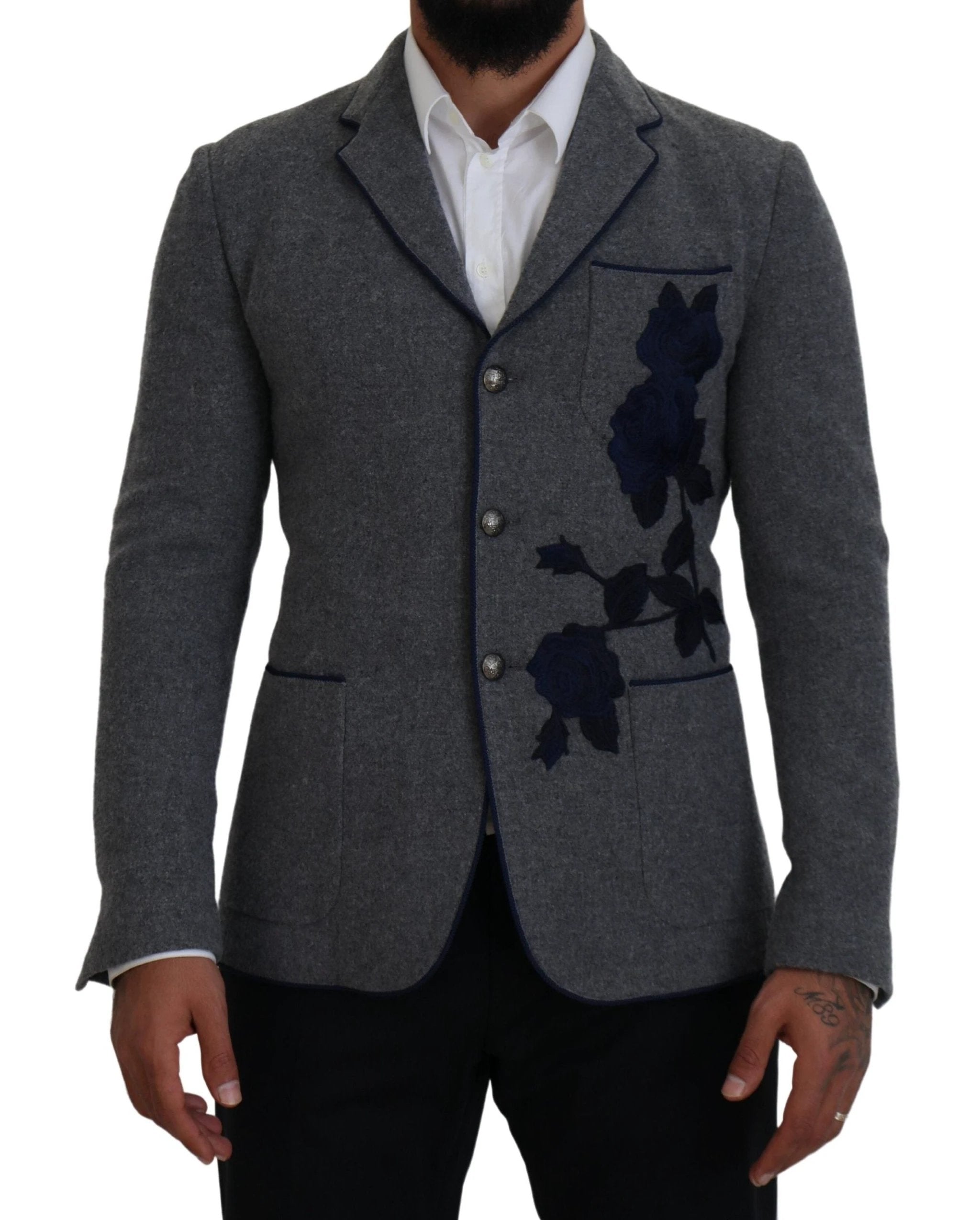 Dolce & Gabbana Gray Wool Roses Slim Fit Jacket Blazer by Dolce & Gabbana