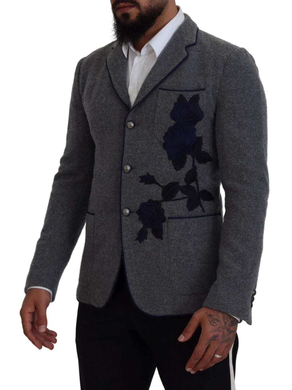 Dolce & Gabbana Gray Wool Roses Slim Fit Jacket Blazer by Dolce & Gabbana