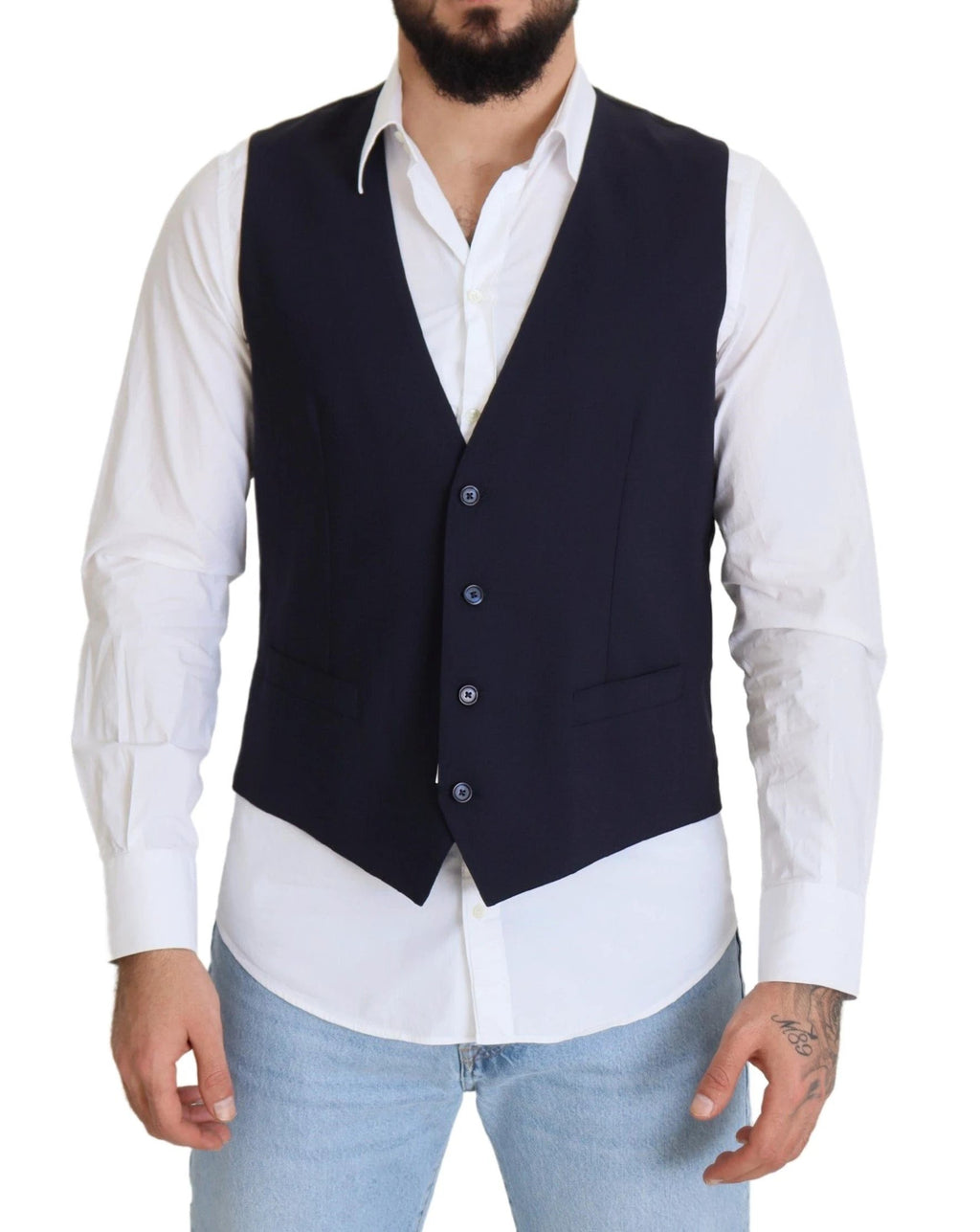 Dolce & Gabbana Dark Blue Wool Stretch Waistcoat Formal Vest by Dolce & Gabbana