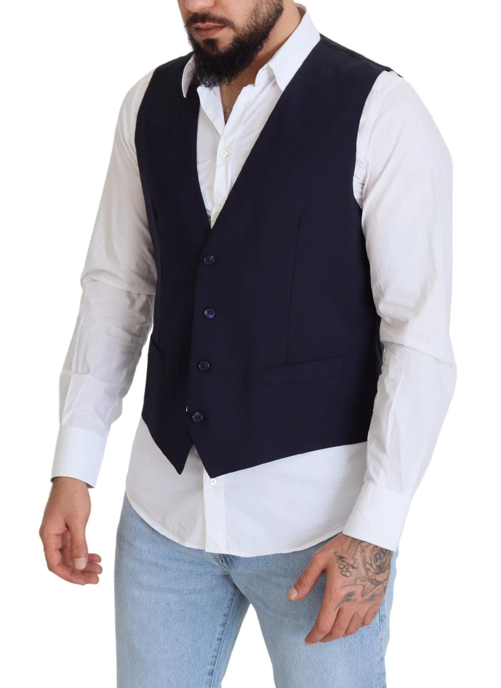 Dolce & Gabbana Dark Blue Wool Stretch Waistcoat Formal Vest by Dolce & Gabbana