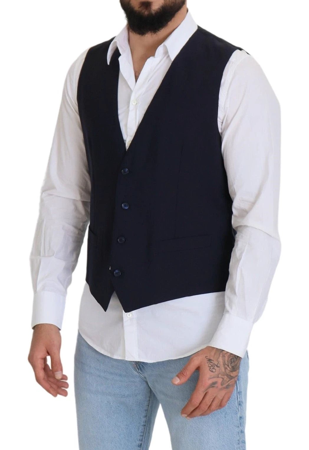 Dolce & Gabbana Dark Blue Wool Stretch Waistcoat Formal Vest by Dolce & Gabbana