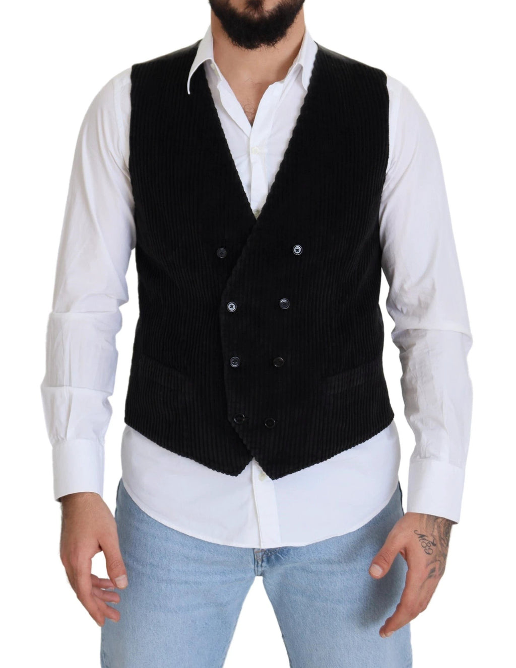 Dolce & Gabbana Black Cotton Double Breasted Waistcoat Vest by Dolce & Gabbana