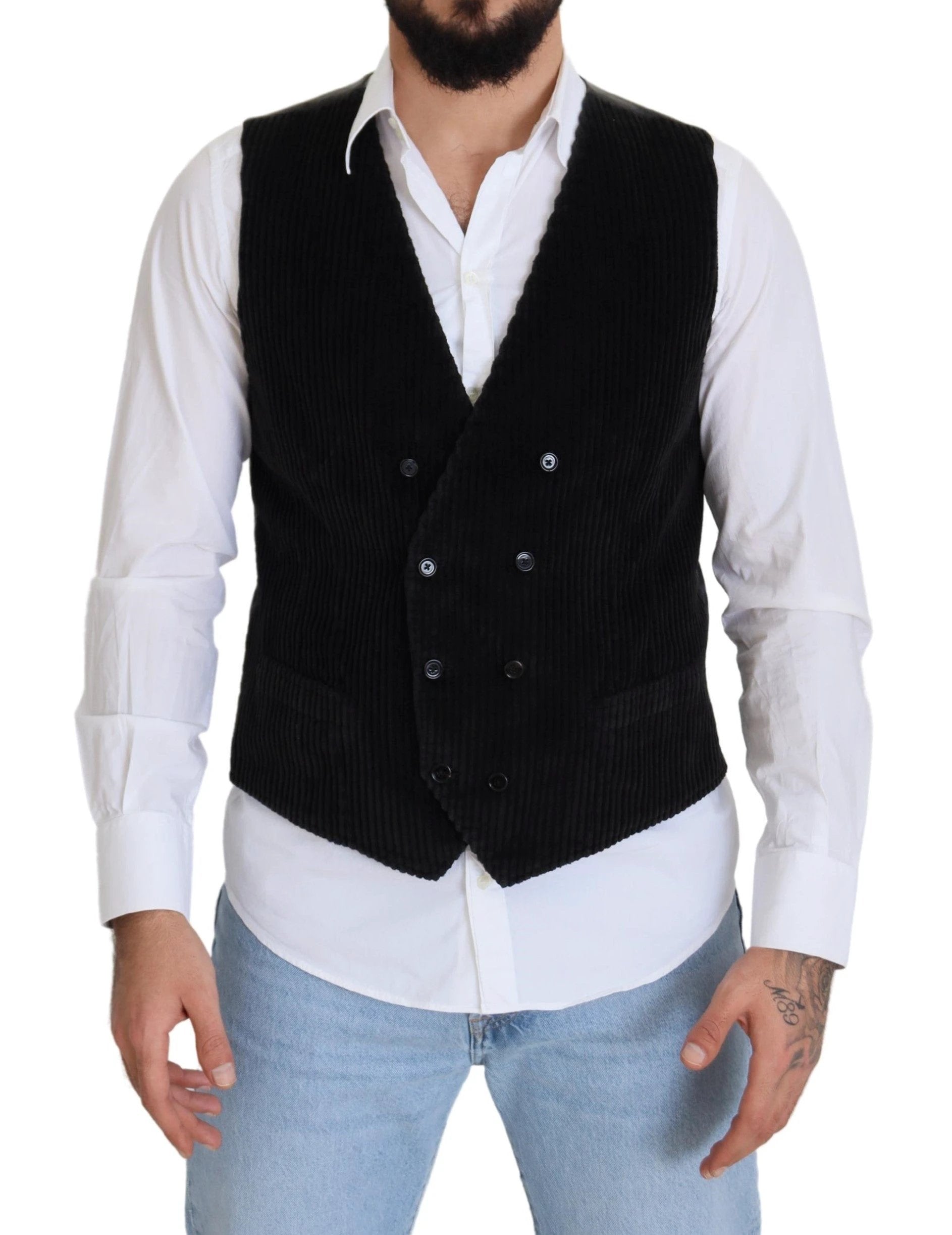 Dolce & Gabbana Black Cotton Double Breasted Waistcoat Vest by Dolce & Gabbana