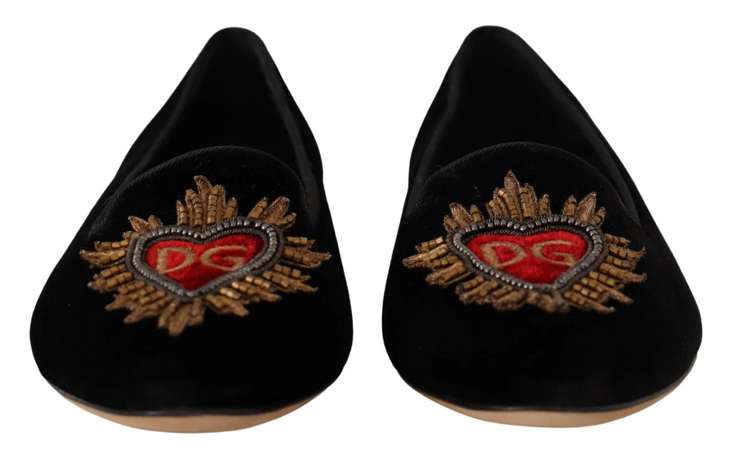 Dolce & Gabbana Black DG Sacred Heart Patch Slip On Flat Shoes by Dolce & Gabbana